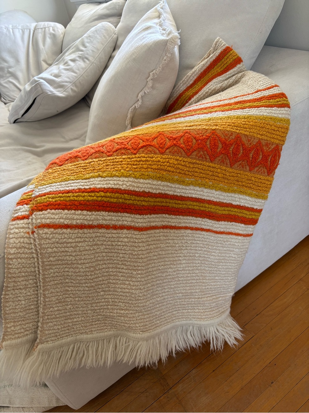 Wool orange and white striped throw blanket